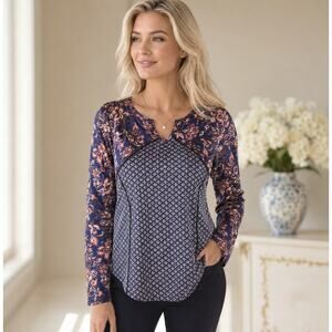 NWOT Veronica Beard Silk Mixed Print Blouse Navy Floral Long Sleeve Sz 2